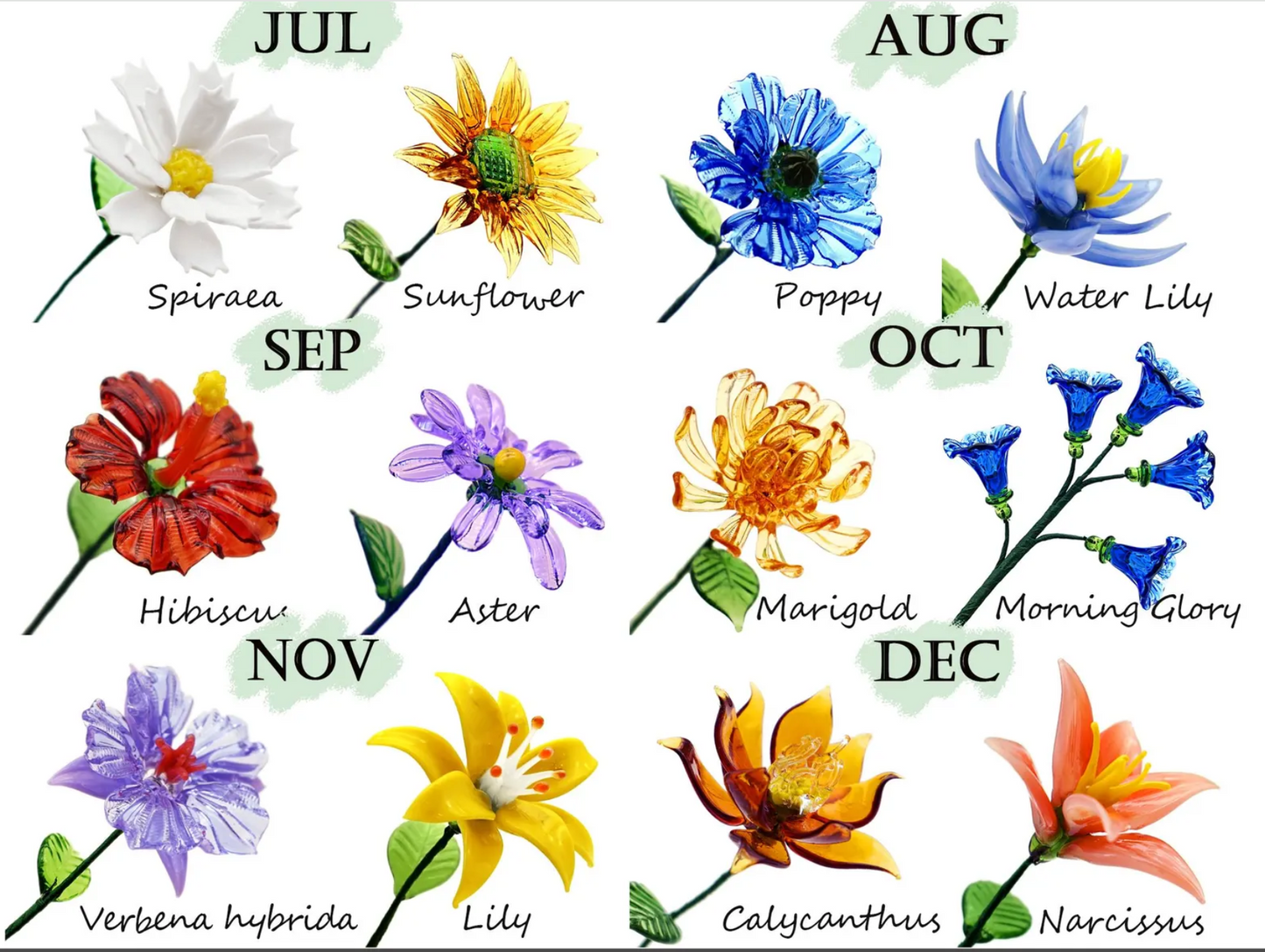 Glass Flower Bouquet, Personalized Birth Month Gift, Valentine's, Wedding, or Mother's Day Present, Carnation, Iris, Daffodil, Daisy