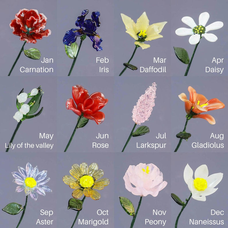 Glass Birth Month Flowers, Birth Flower Bouquet Gift