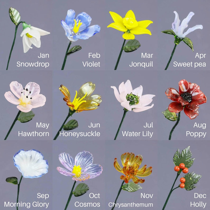 Glass Birth Month Flowers, Birth Flower Bouquet