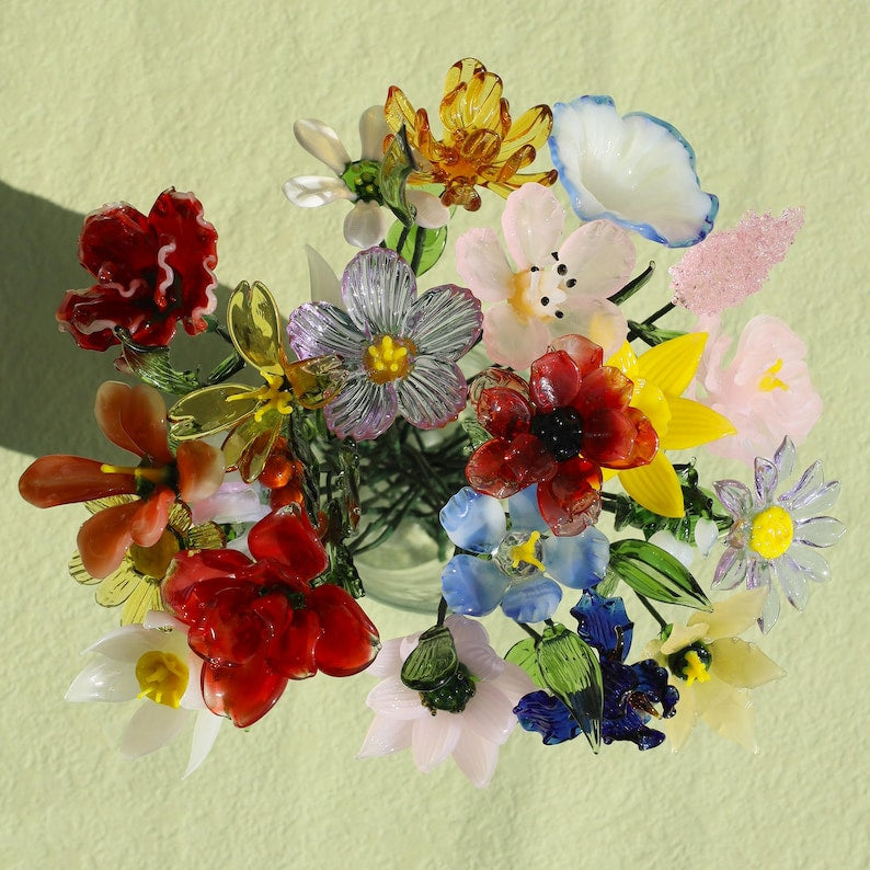 Birth Flower Bouquet, Glass Birth Month Flowers, Handmade Glass Flower Bouquet, Birthday Gift for Mom/Friends, Halloween Gift for Her