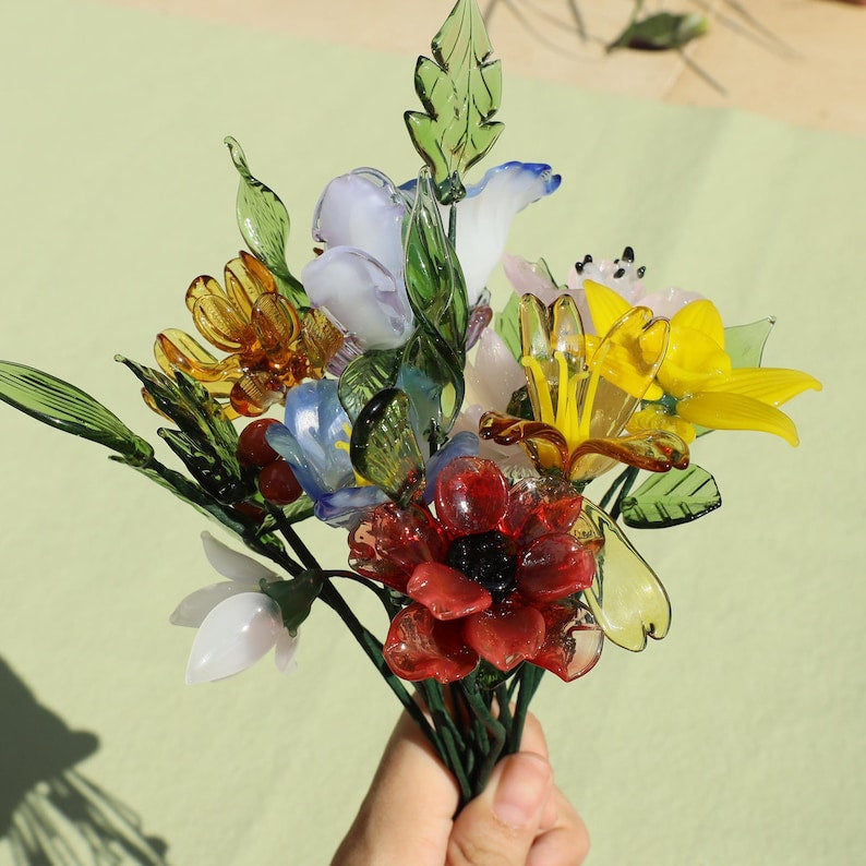 Handmade Glass Flower Bouquet, Birthday Gift for Mom