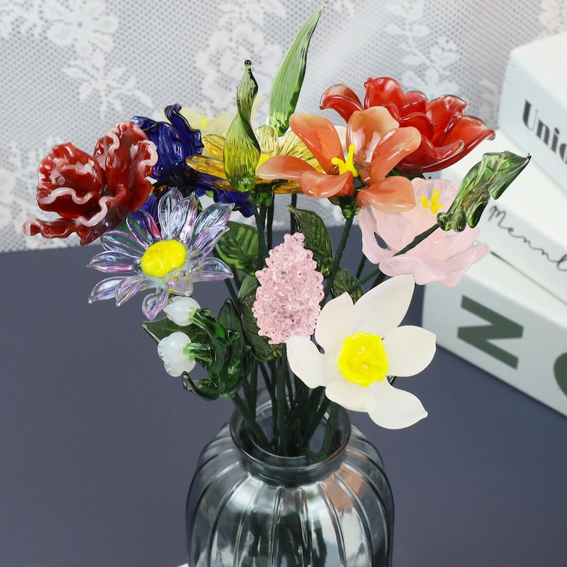 Glass Birth Month Flowers, Birth Flower Bouquet