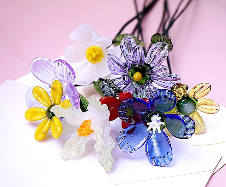 Handmade Glass Birth Flowers, Birth Flower Bouquet