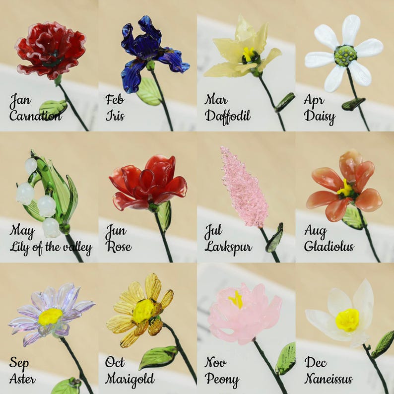 Glass Birth Month Flower Hand Blown Glass Flower Bouquet