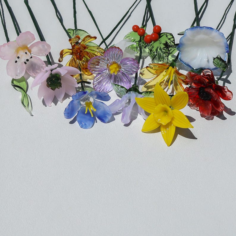 Glass Birth Month Flower Hand Blown Glass Flower Bouquet