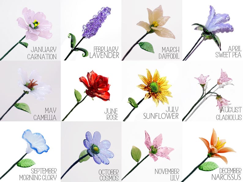Handmade Glass Flowers, Birthflower Gift