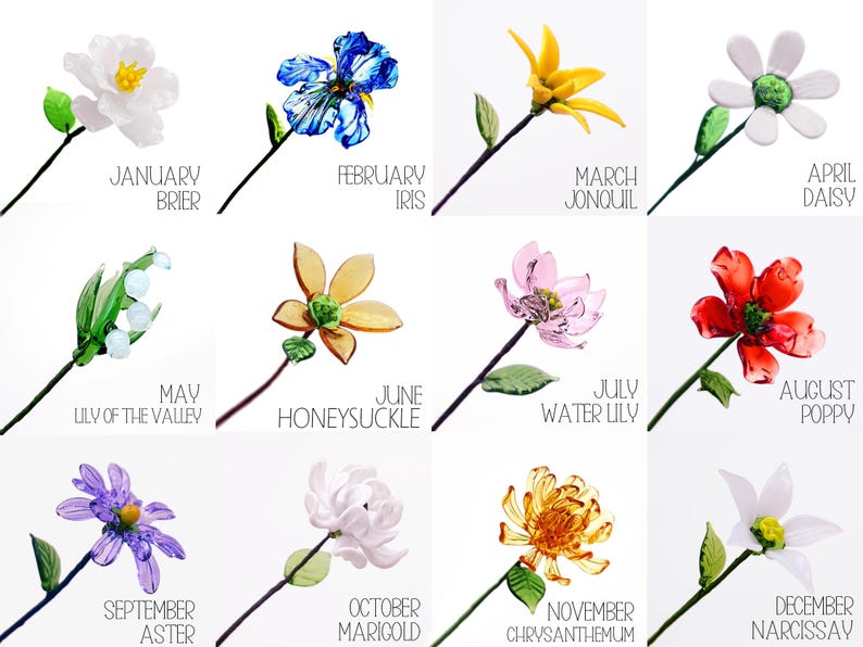 Handmade Glass Birth Flowers, Birth Flower Bouquet